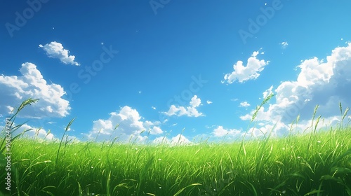 Sunny Day Green Grass Field with Blue Sky and Clouds