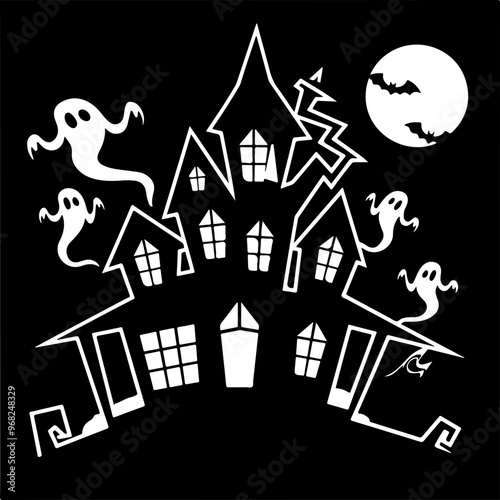 Haunted House with Ghosts and Moonlit Sky