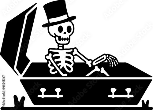 Skeleton in Suit, Relaxing in Coffin Illustration