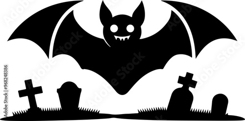 Spooky Bat Over Graveyard Silhouette Design