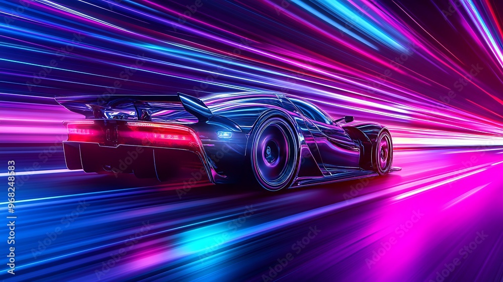 Supercar speeding through neon light tunnel, futuristic concept art Supercar speeding through neon light tunnel, futuristic concept art