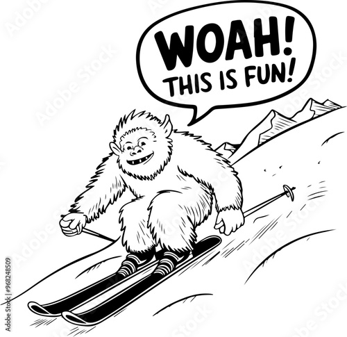 Funny Yeti Skiing in Cartoon Style with Speech Bubble