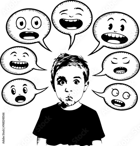 Illustration of Emotions Surrounding a Thoughtful Boy