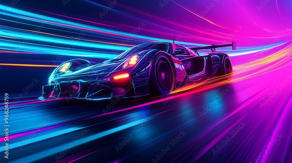Fototapeta premium Black Sports Car Racing at High Speed With Neon Lights
