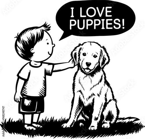 Boy and Puppy in a Joyful Cartoon Scene