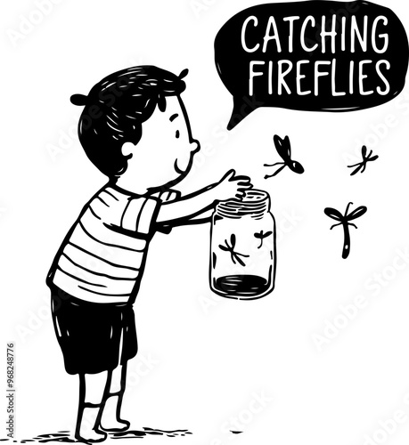 Child Catching Fireflies in a Jar Illustration