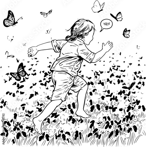 Child Running Through a Field of Butterflies