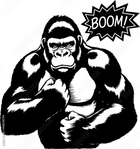 Bold Gorilla Illustration with Boom Speech Bubble