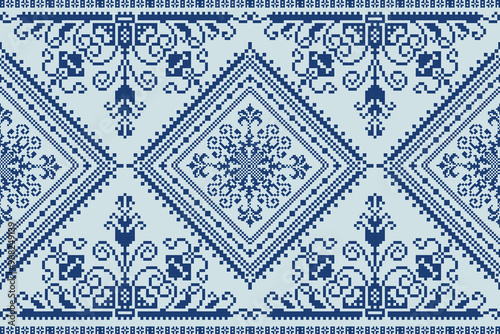 Geometric Pixel Art Fabric Design - Blue & White Seamless Vector Pattern (Created with Affinity Designer)
