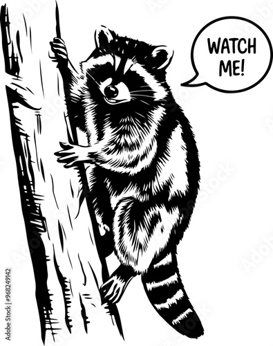 Illustration of a Raccoon Climbing a Tree with Speech Bubble
