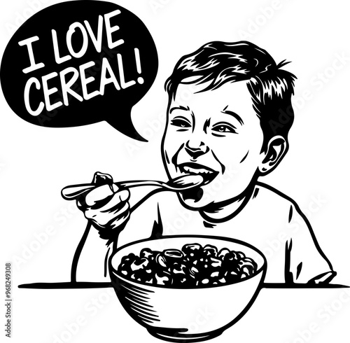 Child Eating Cereal with Joyful Expression in Vector Style