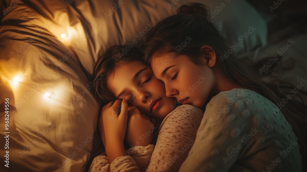 Two young girls peacefully sleeping together under soft fairy lights in a cozy bedroom at night Two young girls peacefully sleeping together under soft fairy lights in a cozy bedroom at night