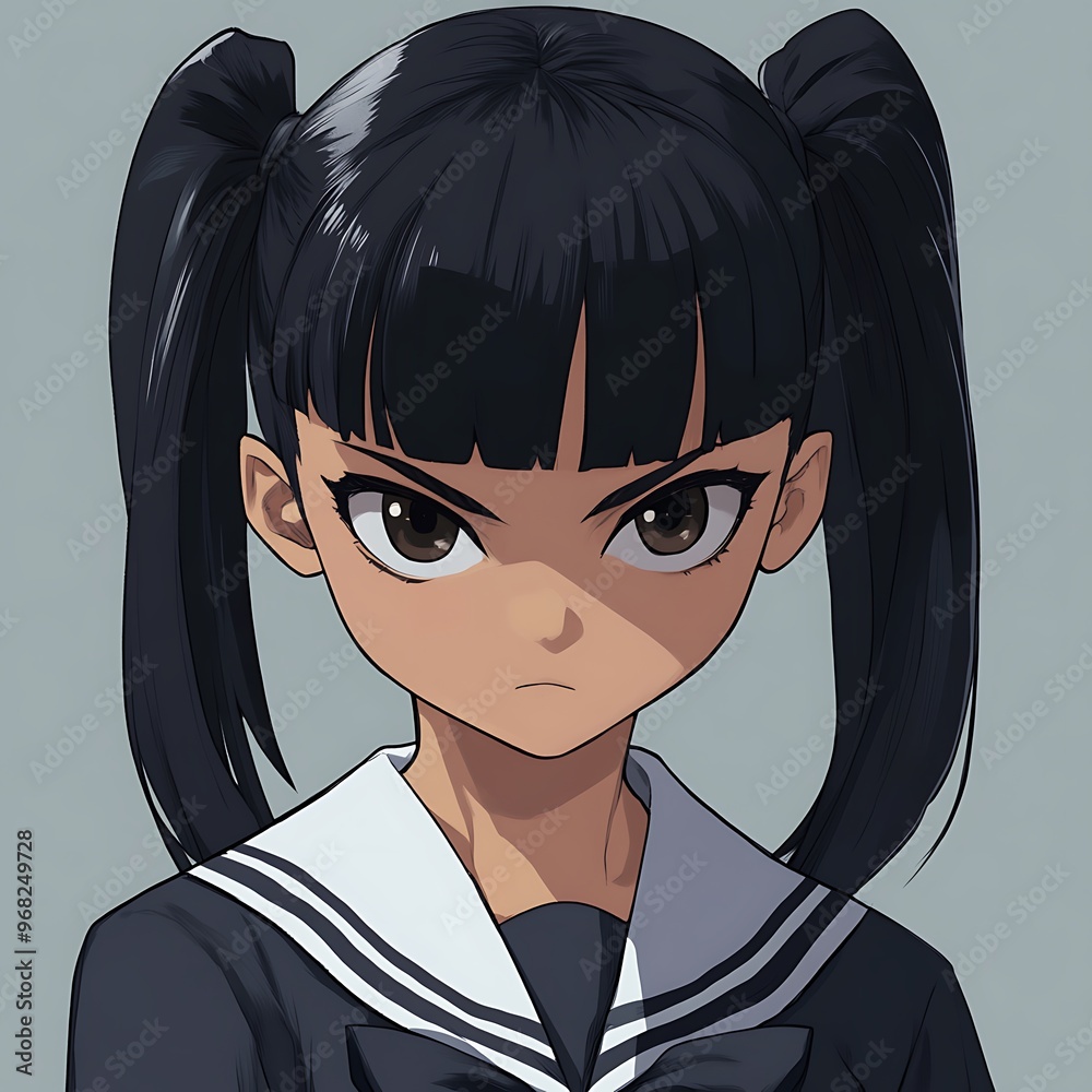 Anime girl with black hair in pigtails, angry expression, dark eyes, and sailor uniform Anime girl with black hair in pigtails, angry expression, dark eyes, and sailor uniform