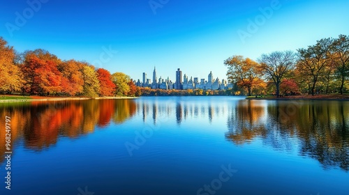 Autumnal Skyline Reflection in a Calm Lake