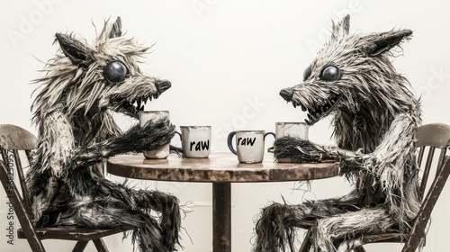 In a cozy setting, two foxes sit at a table drinking tea from cups. The foxes are hand-sewn from fluffy material and look terribly creepy. A staged scene of tea drinking. Illustration. photo