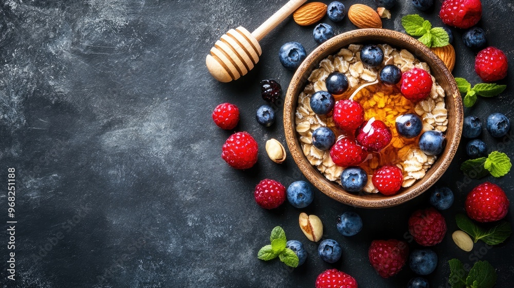 Healthy Breakfast Bowl with Fresh Berries and Honey on Dark Background