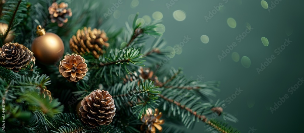 Festive New Year and Merry Christmas wide banner with dark green background and empty space bokeh Festive New Year and Merry Christmas wide banner with dark green background and empty space bokeh