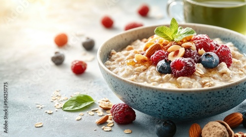 Delicious Bowl of Healthy Oatmeal with Fresh Berries and Nuts for a Perfect Breakfast photo