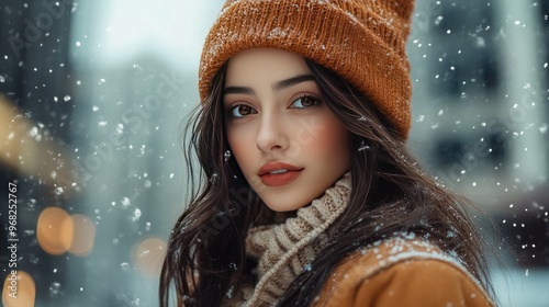 Young Woman Wearing a Cozy Knit Sweater and Orange Beanie in a Snowy Urban Setting