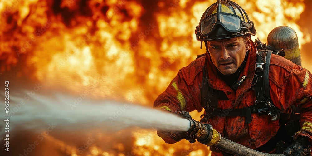 firefighter with helmet putting out a fire with a pressurized water hose firefighter with helmet putting out a fire with a pressurized water hose