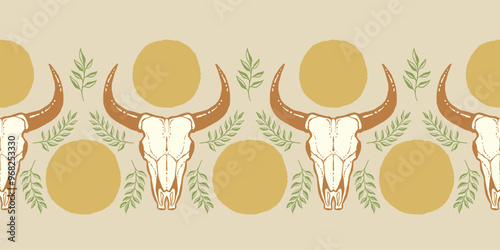 Vintage Boho Cow Skull Sun Motif Border Seamless Vector Repeat Pattern