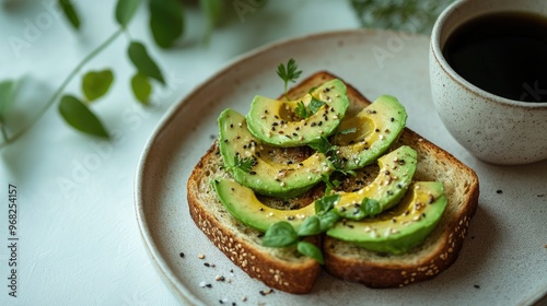 Healthy Avocado Toast with Fresh Herbs and Coffee on Rustic Plate - Plant-based Breakfast