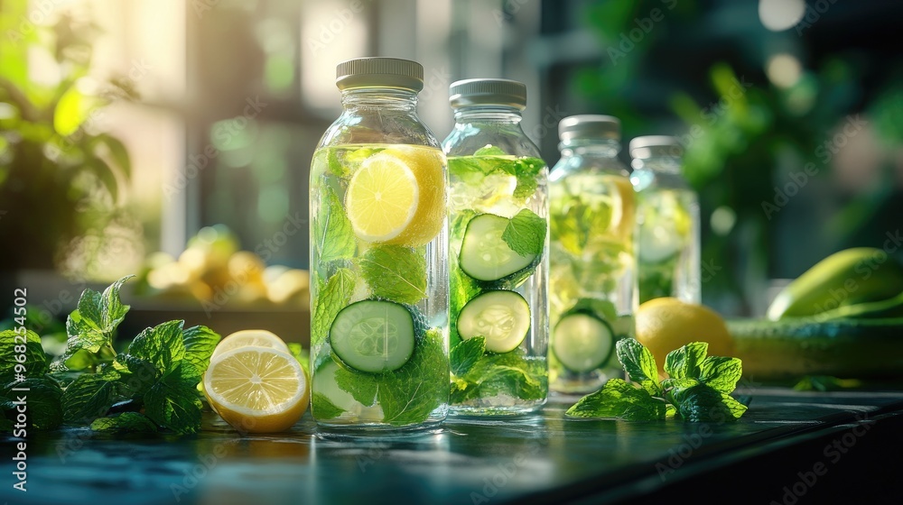 Fresh Lemon Cucumber Mint Detox Water in Sunlit Glass Bottles on a Natural Background Fresh Lemon Cucumber Mint Detox Water in Sunlit Glass Bottles on a Natural Background