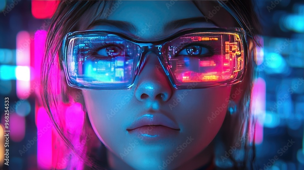 Futuristic Woman Wearing Augmented Reality Glasses in Neon Cityscape - Cyberpunk Style Digital Art Futuristic Woman Wearing Augmented Reality Glasses in Neon Cityscape - Cyberpunk Style Digital Art