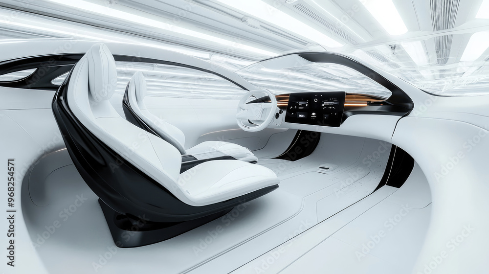 Futuristic Car Interior with Sleek Design, High-Tech Dashboard, and Modern Ergonomic Seats Futuristic Car Interior with Sleek Design, High-Tech Dashboard, and Modern Ergonomic Seats