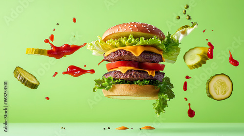 Artistic deconstructed beef burger showcasing vibrant ingredients like fresh lettuce, juicy tomatoes, and rich sauces, set against a bright green backdrop. Ideal for food-themed designs
