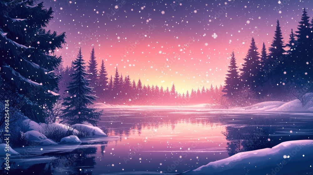 Serene Winter Sunset Over Snow-Covered Lake with Pine Trees and Snowflakes Falling Serene Winter Sunset Over Snow-Covered Lake with Pine Trees and Snowflakes Falling