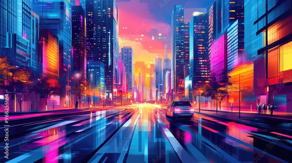 Vibrant Neon Cityscape at Dusk with Reflective Street and Modern Skyscrapers