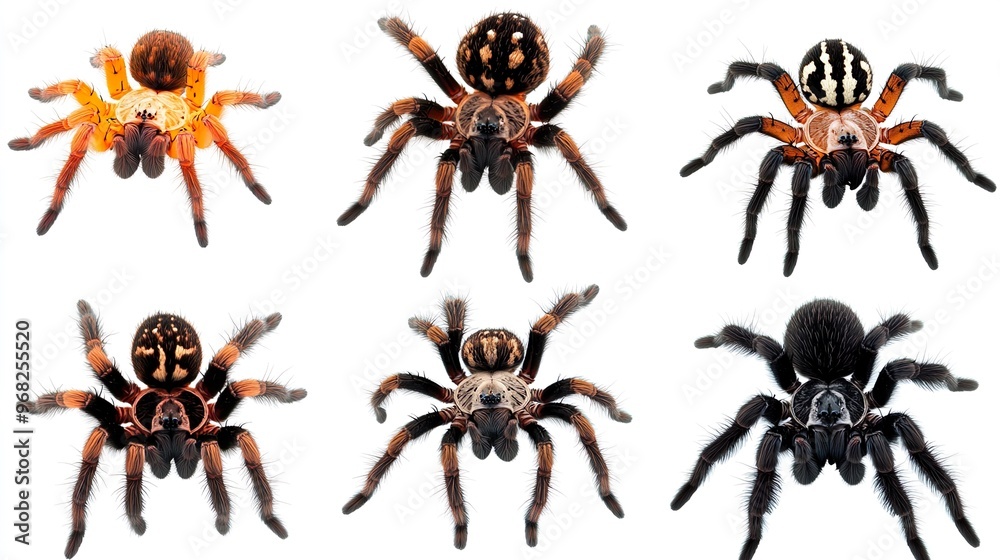A group of six different colored spiders are shown in a row A group of six different colored spiders are shown in a row