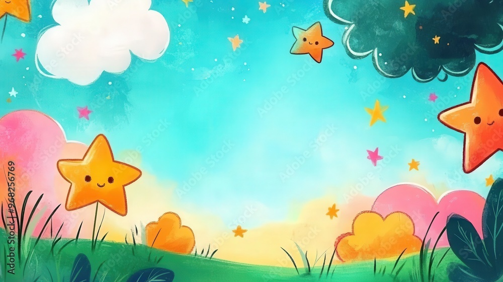Dreamy Whimsical Frame Background with Cute Stars and Fluffy Clouds in Soft Pastel Colors Dreamy Whimsical Frame Background with Cute Stars and Fluffy Clouds in Soft Pastel Colors