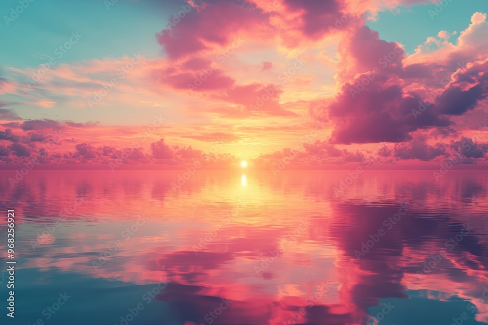 A breathtaking sunset reflecting on calm water, with vibrant pink, orange, and purple hues illuminating the sky and clouds. A breathtaking sunset reflecting on calm water, with vibrant pink, orange, and purple hues illuminating the sky and clouds.