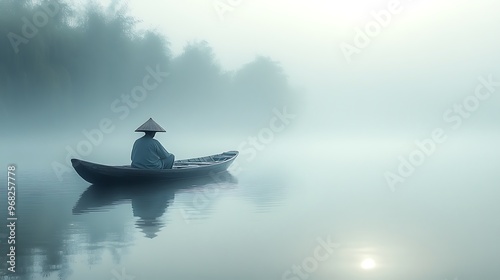 A lone figure in a small boat rows through a serene, misty lake at sunrise.