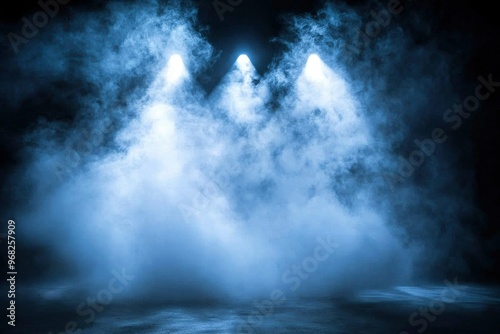 Three Spotlights Illuminating a Smoky Stage