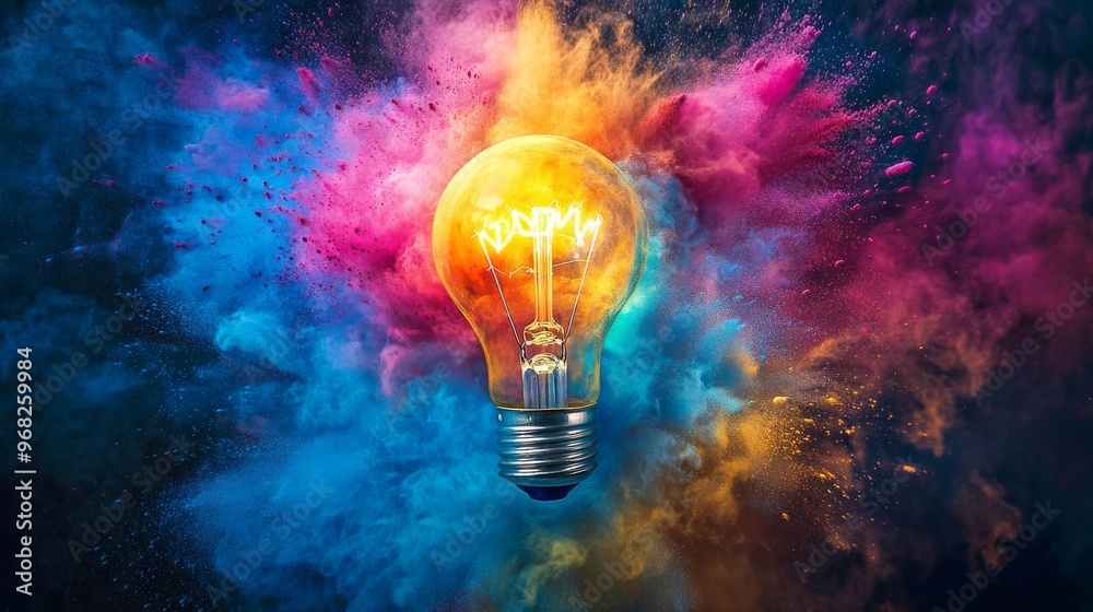 Light bulb surrounded by vibrant colored powder explosion Light bulb surrounded by vibrant colored powder explosion