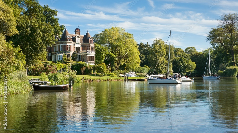 A house with a large yard and a lake in the background A house with a large yard and a lake in the background