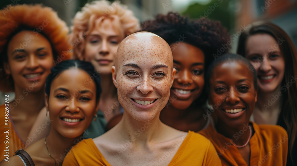 Front profile portrait of diverse cancer survivors of varying skin tones and ethnicities proudly showing their bald heads, celebrating resilience, beauty, and strength among strong women and females. Front profile portrait of diverse cancer survivors of varying skin tones and ethnicities proudly showing their bald heads, celebrating resilience, beauty, and strength among strong women and females.