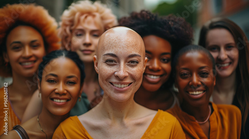 Front profile portrait of diverse cancer survivors of varying skin tones and ethnicities proudly showing their bald heads, celebrating resilience, beauty, and strength among strong women and females.