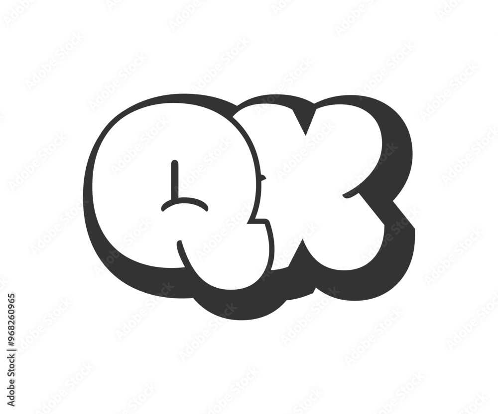 QX logo, bubble comic lettering, rounded in graffiti style black and white silhouette. Trendy preschool Q and X letter text for festival party, personal initials, children funky print and web. QX logo, bubble comic lettering, rounded in graffiti style black and white silhouette. Trendy preschool Q and X letter text for festival party, personal initials, children funky print and web.