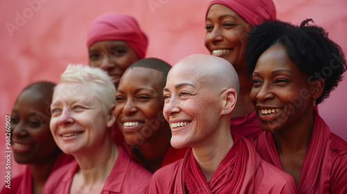 Side profile portrait of diverse cancer survivors of varying skin tones and ethnicities proudly showing their bald heads, celebrating resilience, beauty, and strength among strong women and females.