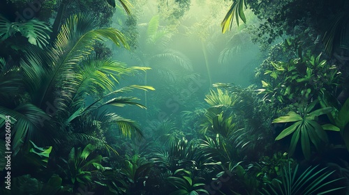 A lush green jungle with tall trees and a variety of plants