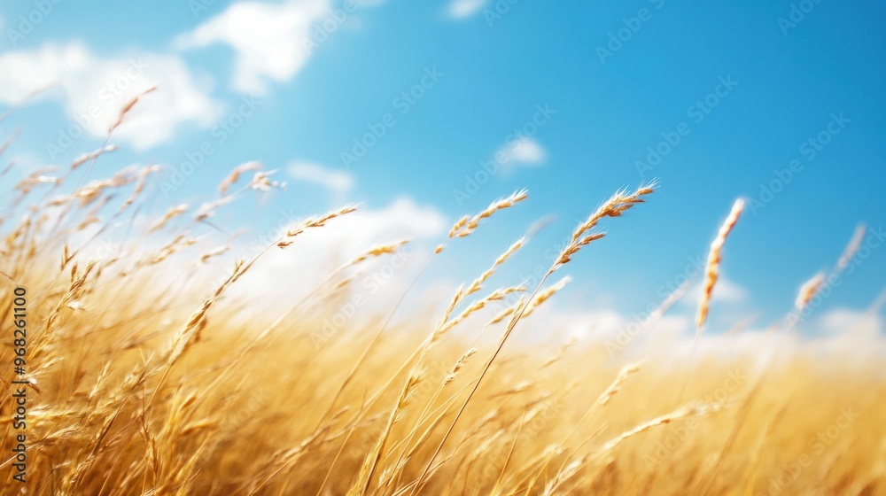 Obraz premium Blurry close-up of dry, golden grass with a bright blue sky overhead.