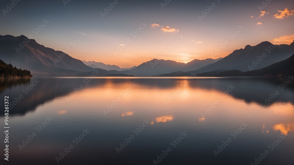 A serene lake reflecting the vibrant colors of a sunrise, creating a breathtaking landscape with a mountain range in the background. A serene lake reflecting the vibrant colors of a sunrise, creating a breathtaking landscape with a mountain range in the background.