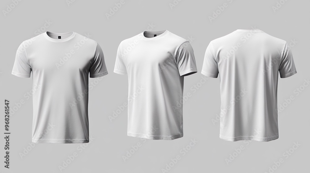 Three white t-shirts are shown in a row, each with the neck cut off Three white t-shirts are shown in a row, each with the neck cut off