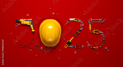 Creative 2025 New Year design template on engineering, construction, interior finishing, repair and maintenance theme. 3d render illustration for a greeting card, calendar or banner. photo