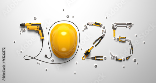 Creative 2025 New Year design template on engineering, construction, interior finishing, repair and maintenance theme. 3d render illustration for a greeting card, calendar or banner. photo