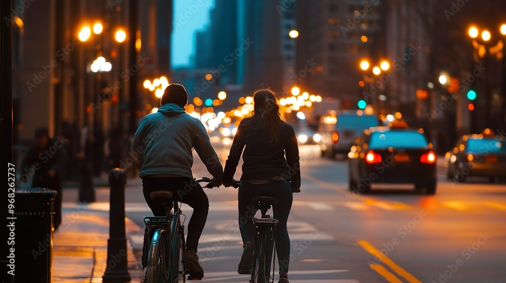 A couple is riding bikes down a city street at night A couple is riding bikes down a city street at night